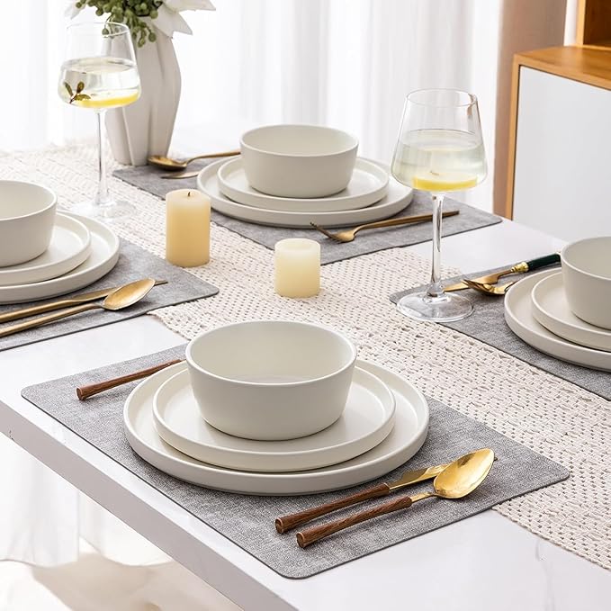 AmorArc Ceramic Dinnerware Sets of 6, Modern Flat Stoneware Plates and Bowls Sets,Chip and Crack Resistant | Dishwasher & Microwave Safe Dishes Set,Scratch Resistant- Service for 6 (18pc)-Matte Cream