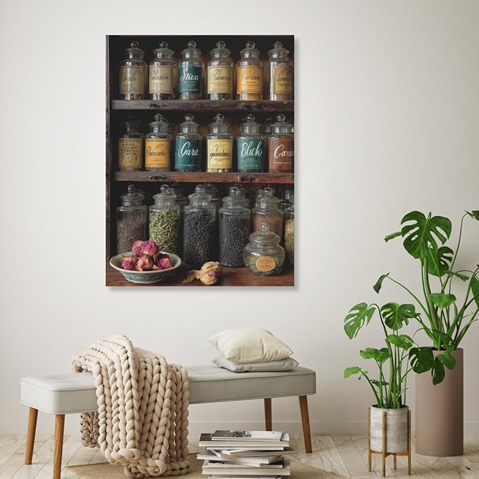 RPSIRVFO Unframed Spices Canvas Painting Decor Spices in labeled jars Suitable for home decorating living rooms bedrooms bathrooms and offices