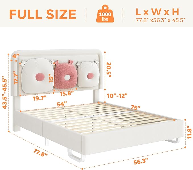 Full Size Upholstered Bed Frame with LED Lights, Girls Bed with Adjustable Chic Double Headboard, Boucle Princess Platform Bed for Girls, Solid Wood Slats Support, No Box Spring Needed, Beige