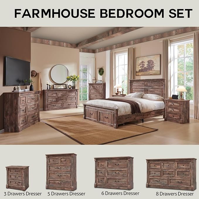 Farmhouse 6 Drawers Dresser for Bedroom, 48" Wide Large Dressers & Chests of Drawers w/Roman Column, Storage Dressers Organizer for Bedroom, Hallway, Living Room, Light Brown