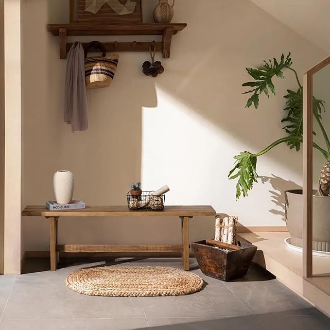 Reclaimed Solid Wood Bench, 55" Farmhouse Entryway Bench for Hallway, Kitchen, Dining, Bedroom, Narrow Indoor Bench with Rustic Charm