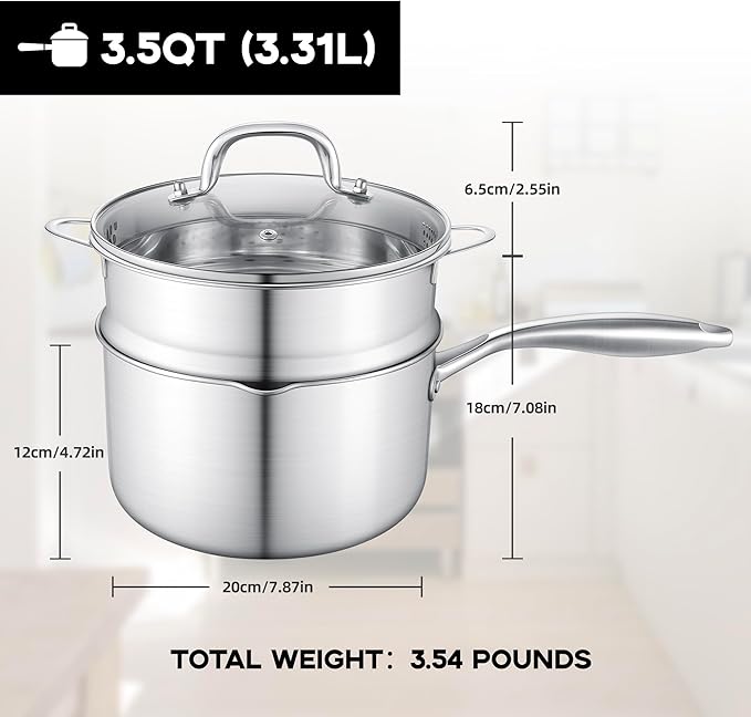 Leetaltree 3.5 Quart Stainless Steel Saucepan with Steamer Basket, Tri-ply Construction, Versatile Sauce Pan with Double-sized Drainage Lid - Perfect for Cooking Gravies, Pasta, Vegetable and More