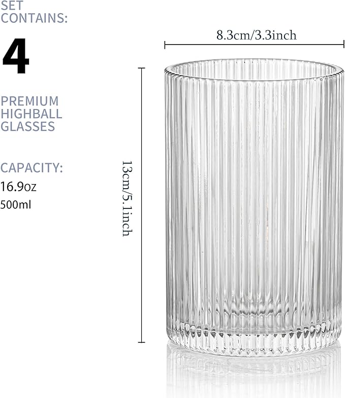 Vintage Ribbed Glassware Set: 4pcs 16.9oz XL Drinking Glasses, Fluted Ripple Drinkware, Origami Style, Elegant Glassware for Whiskey, Cocktail, Iced Coffee, Juice, Beer, Soda