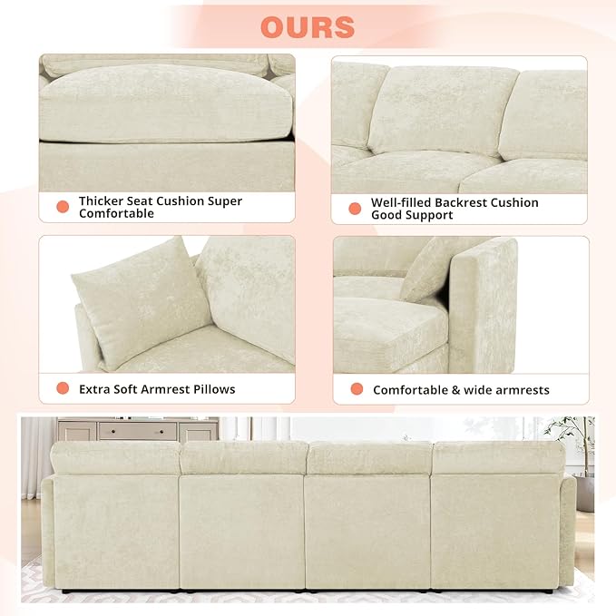 110” Chenille 4 Seats Sofa W/2 Movable Ottoman, Modern Fabric U-Shaped Couch with Soft Backrest, Upholstered Sectional Sofa with Armrest Pillows for Living Room, Office, Beige