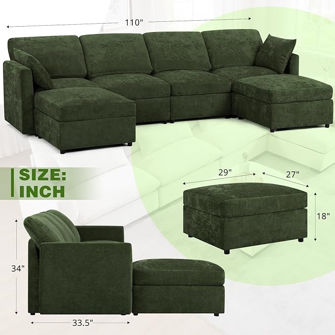 110” Chenille 4 Seats Sofa W/2 Movable Ottoman, Modern Fabric U-Shaped Couch with Soft Backrest, Upholstered Sectional Sofa with Armrest Pillows for Living Room, Office, Green