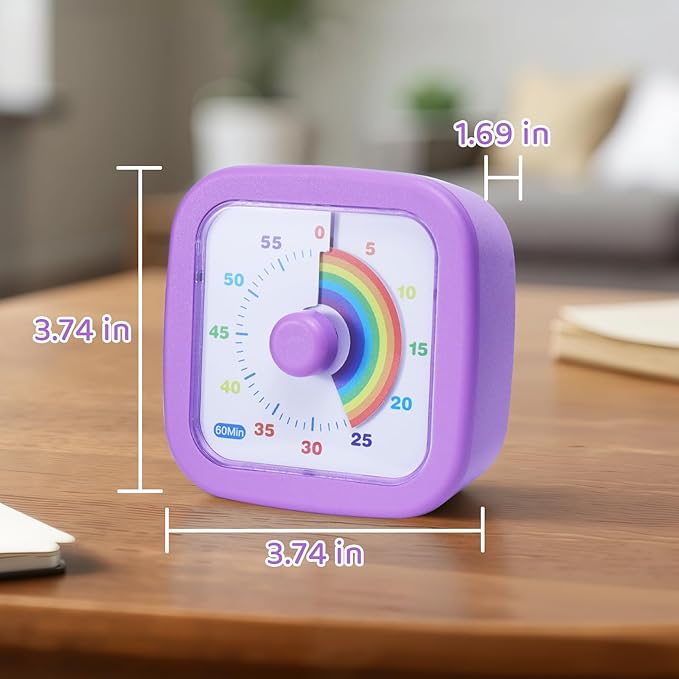 60 Minute Visual Timer for Kids and Adults, Square Countdown Timer with Rainbow Pattern, Desk Timer Kids Time Kitchen Timer Management Tools for Classroom Office Home, Purple