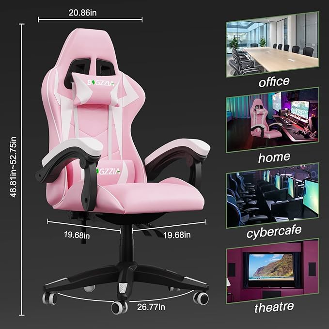 Pink Gaming Chair High Back, Ergonomic Computer Gamer Chair with Headrest and Lumbar Support, Racing Style Reclining Game Chair for Adults, Kids