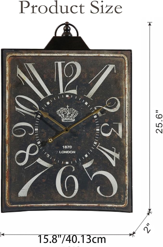 Vintage Bronze Metal Wall Clock, Large Retro Wall Decor Rectangular Silent Non Ticking Clock for Living Room Decor, Kitchen, Bedroom, Study Decoration, Handmade Home Gift Idea