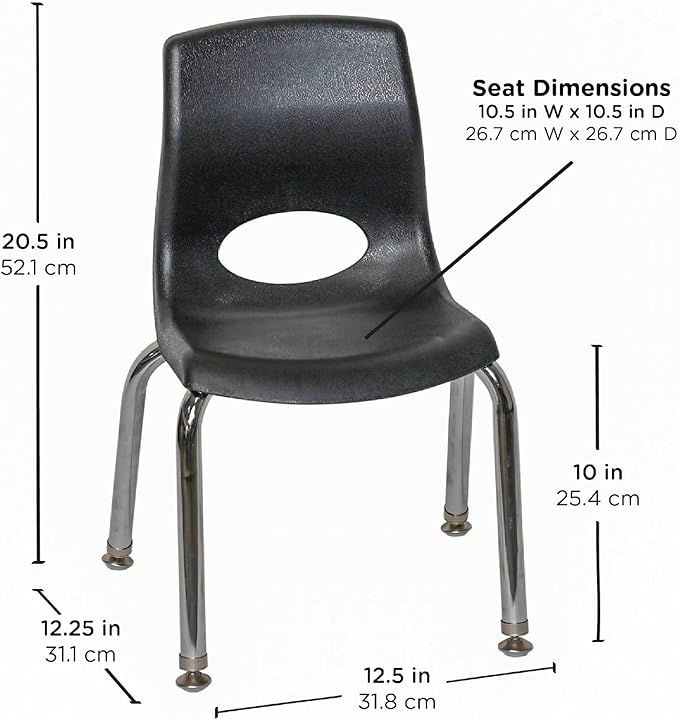 Children’s Factory MyPosture Plus 10" Chair, Black with Chrome Legs, 2 Pack, Stackable Ergonomic Seating Solution for Classrooms and Homeschools