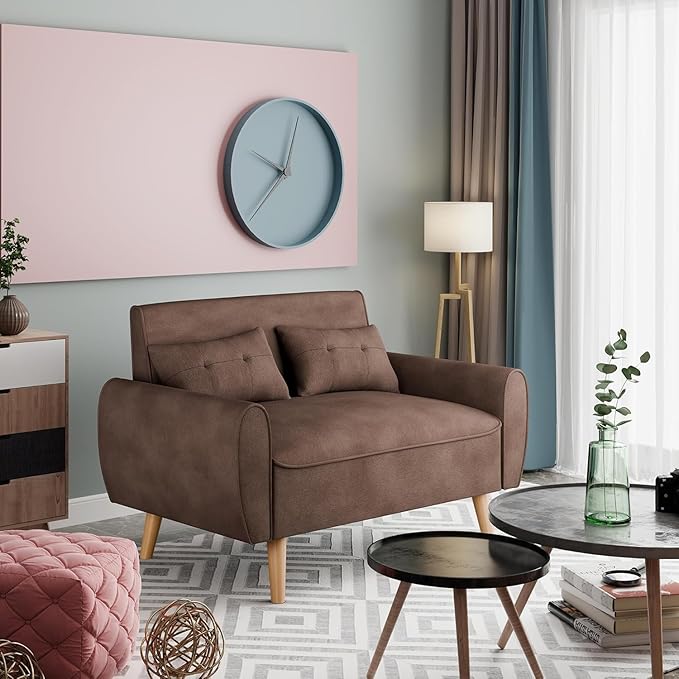 Vongrasig Small Modern Sofa, Mid Century Linen Fabric 3-Seat Sofa Couch Tufted with Back Cushions and Tapered Legs for Living Room, Bedroom and Small Space, Brown