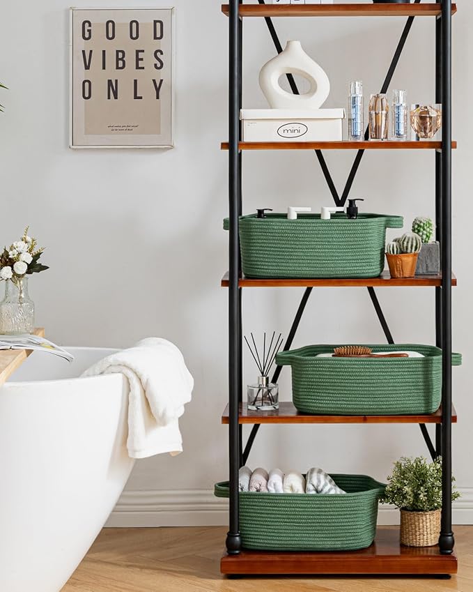 KALLAX Small Woven Basket, 14 x 10 x 5.6 Inches, Small Storage Baskets for Organizing, Gift Baskets Empty, Cute Rope Shelf Closet Storage Bins for Shelves, Dog Toy Basket, Green
