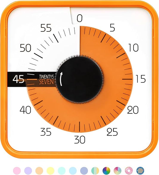 TWENTY5 SEVEN Countdown Timer 7.5 inch; 60 Minute 1 Hour Visual Timer – Classroom Teaching Tool Office Meeting, Mechanical Countdown Clock for Kids Exam Time Management Magnetic, Orange