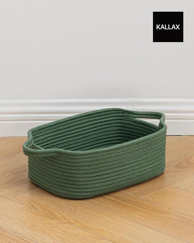 KALLAX Small Woven Basket, 12 x 8 x 4.5 Inches, Small Storage Baskets for Organizing, Gift Baskets Empty, Cute Rope Shelf Closet Storage Bins for Shelves, Dog Toy Basket, Green