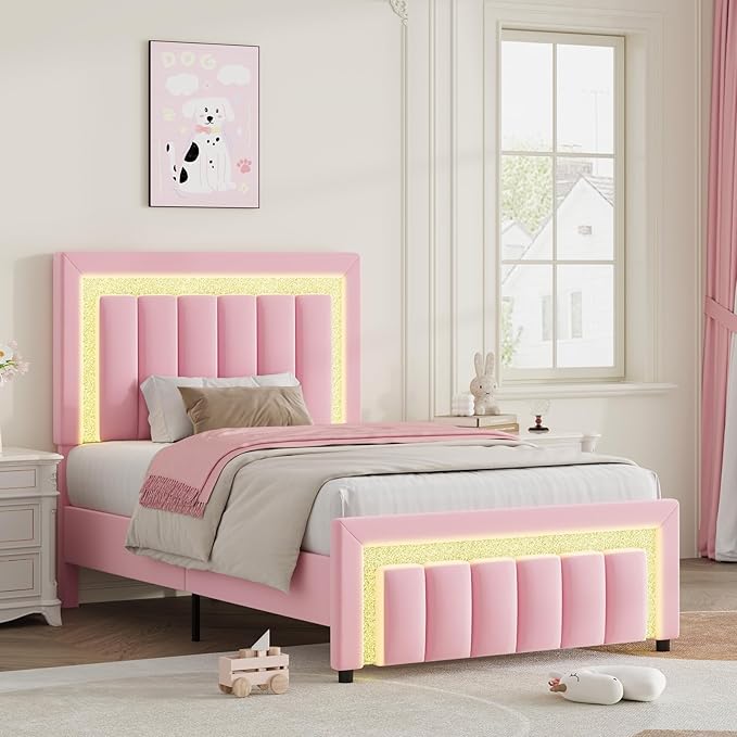 HOMBCK Twin Bed Frame with LED Lights and Velvet Upholstered Headboard, Bed Frame Twin Size with Modern Diamond Headboard Adjustable, Wooden Slats Support, Noise Free, No Box Spring Needed, Pink