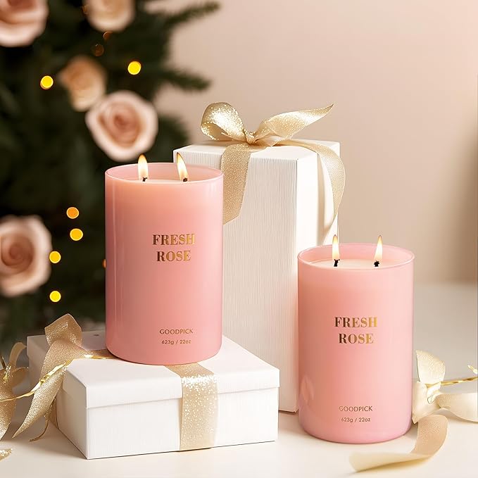 Goodpick Fresh Rose Candles for Women, Pink Candle, Soy Wax 22oz Large 120 Hours Burn, Stress Relief Aromatherapy Candles
