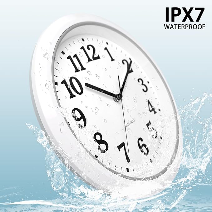 Caysie 12 Inch Sealed Indoor Outdoor Waterproof Wall Clock, Durable Silent Non-Ticking Battery Operated Quality Quartz Round Clock, Wall Decorative for Patio, Pool, Bathroom (White)