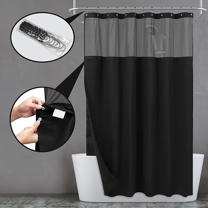 N&Y HOME Waffle Weave Shower Curtain with Snap-in Fabric Liner & 12 Black Hooks Set - Hotel Style, Water-Repellent & Washable, Mesh Top Window - 71x72, Black