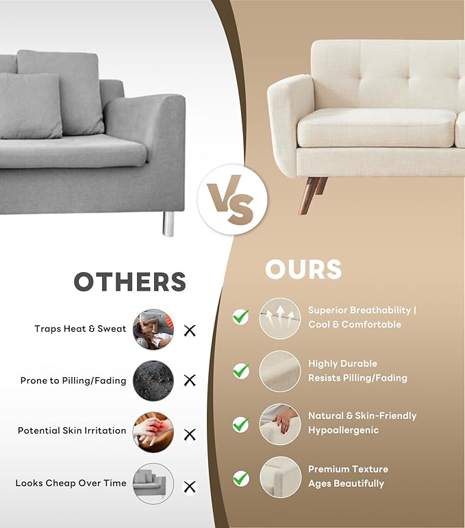 Tbfit 77.2" W Linen Sofa Couch, Mid Century Modern Decor Loveseat Couches for Living Room, Button Tufted Upholstered Small Couch for Bedroom, Solid, and Easy to Install Love Seats Furniture, Beige