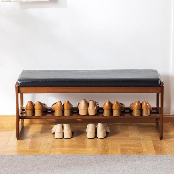 latifolia Solid Wood Bench, Entryway Shoe Bench with Cushion, 2 Tier Shoe Storage Organizer for Hallway, Living Room(Black,39.70''L)
