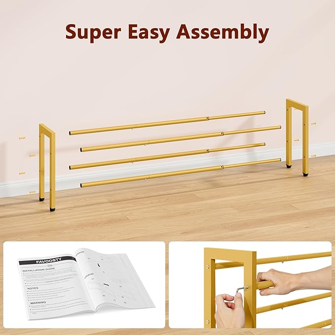 FAVOOSTY 2-Tier Expandable Shoe Rack, Adjustable Shoe Shelf Storage Organizer Space Saving Metal Free Standing Shoe Rack for Entryway Closet Doorway, Gold