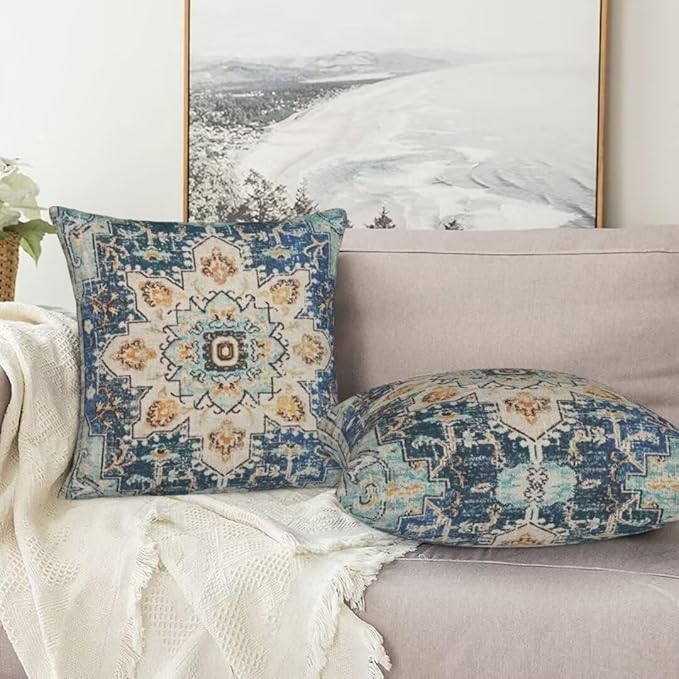 Boho Pillow Covers 24x24 Set of 2, Light Blue Beige Carpet Pattern Outdoor Decorative Throw Pillows Vintage Linen Ethnic Rustic Farmhouse Cushion Cases for Couch Sofa Decor