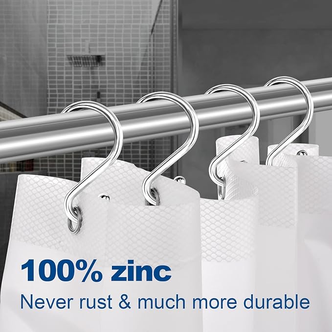 Shower Curtain Hooks Rings, Stainless Steel S Shaped Shower Hooks Rust Proof, Metal Shower Curtain Hangers for Shower Curtains, Kitchen, Wardrobe & Garden, Chrome, Set of 12
