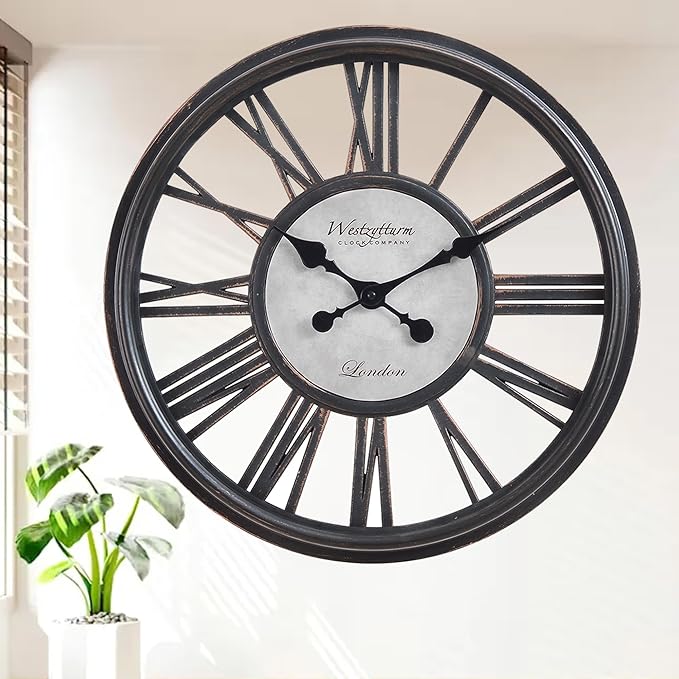 18 Inch Retro Black Wall Clock, Silent Non-Ticking Battery Operated Round Vintage Clock with Roman Numerals,Decorative Living Room, Kitchen, Bedroom Decor