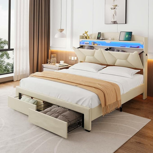 Queen Size Bed Frame with Storage Headboard, Queen Bed Frame with 2 Drawers, Upholstered Platform Bed with Charging Station and LED Lights, Easy Assembly, Beige