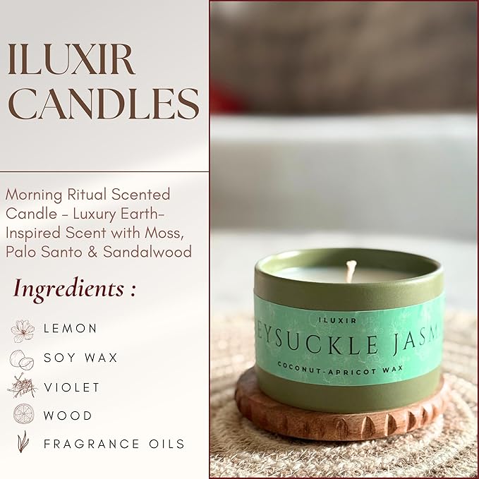 Honeysuckle Jasmine Candle – Fresh Floral Scented Candle with Lemon Violet & Wood, Organic Coconut Apricot Wax, Hand-Poured, Non-Toxic, Cruelty-Free, 5 oz for Home, Living Room & Office