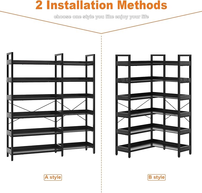 KOUSEI 6-Tier L-Shaped Reversible Corner Bookshelf, 69" Black Industrial Wood & Metal Bookcase, Wide Open Shelves + 4 Hooks for Living Room/Bedroom/Home Office