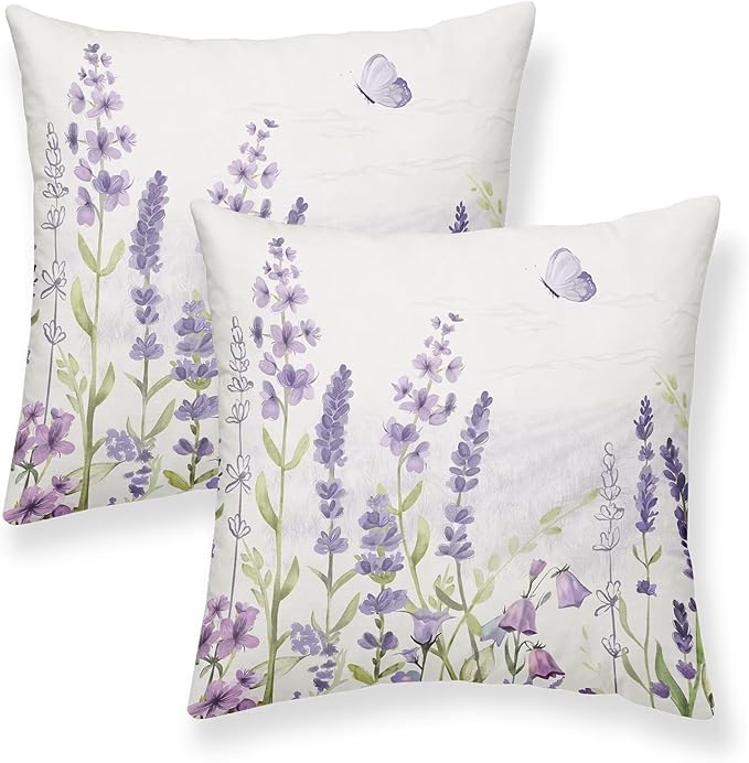 Spring Lavender Pillow Cover 24x24 Inch Set of 2 Purple Flowers Throw Pillow Covers Summer Watercolor Floral Decorations Linen Cushion Covers Farmhouse Home Decor for Sofa Couch Outdoor