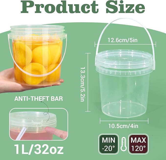 10-Pack 32 oz Airtight Clear Plastic Bucket with Lid, Ice Buckets for Parties, Reusable Ice Cream Tub with Handle, Food Storage Container, Food Grade Freezer and Microwave Safe for Sauce, Soup
