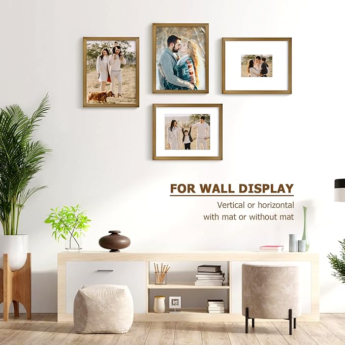 KINLINK 11x14 Picture Frame Brown, Solid Wood Frames with Acrylic Plexiglass for Pictures 5x7/8x10 with Mat or 11x14 without Mat, Tabletop and Wall Display, Set of 4