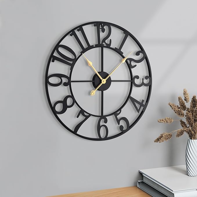 Wall Clock Battery Operated,Silent Non Ticking Modern Rustic Metal Small Clocks for Living Room/Bedroom/Office/Kitchen/Farmhouse Home Decor-14IN(Arabic Number-Black)