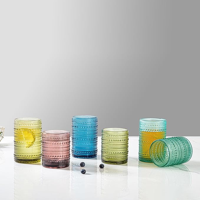 Set of 8 Hobnail Drinking Glasses Colored Vintage Glassware - 4 Highball Glasses 14 oz, 4 Rocks Glass Cup 11 oz, Embossed Old Fashioned Glassware for Water, Juice, Wine, Beer (4 Colors)