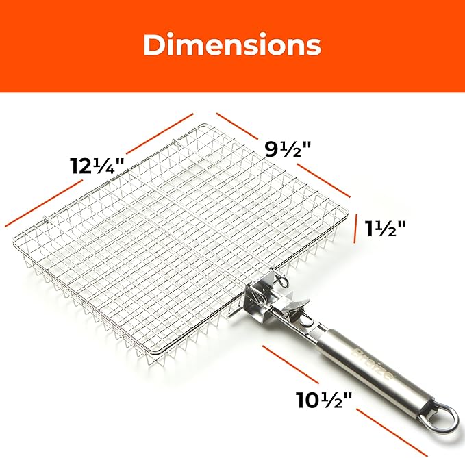 Stainless Steel Large Grill Basket with Removable Handle, Easy Open/Close Lid, Included Silicone Basting Brush & Steel-fiber Scrub Sponge - Perfect for Outdoor Cooking, BBQ, and Camping (12.25 x 9.5 x 1.5 Inches)