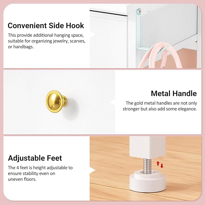 Vanity Desk Without Mirror, Makeup Vanity for Girls with 2 Fabric Drawers, Small Vanity Table with Iron Hook, 35 Inches Dressing Table with Storage, White