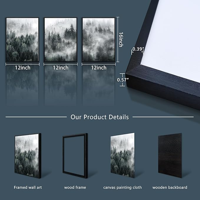 MHARTK66 Black Framed Wall Art For Living Room Modern Decorations Bedroom Foggy Forest Trees Landscape Painting Office Decor Home Ready To Hang a Pictures Of 3 Piece Prints