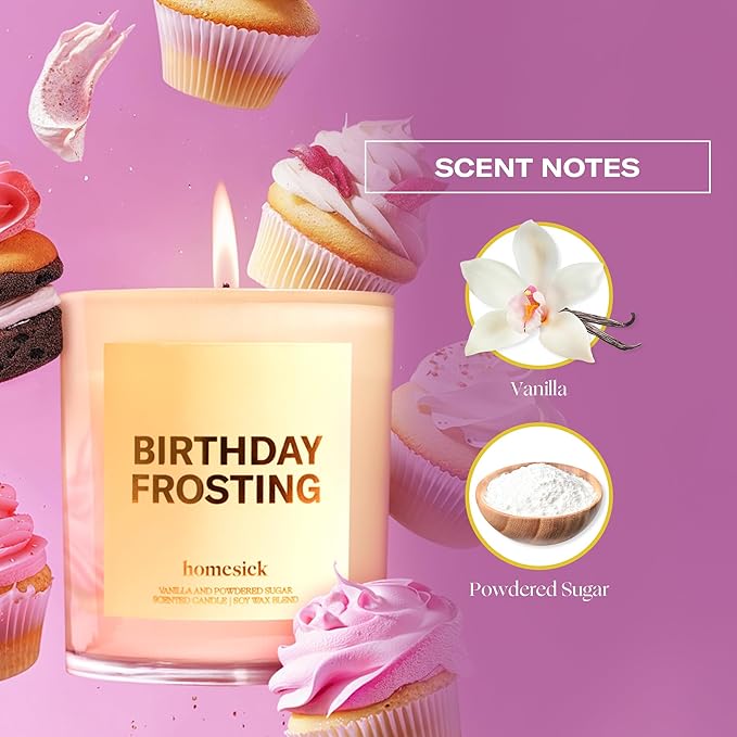 Homesick Scented Candles for Home (Birthday Frosting) - 7.5 oz Long-Lasting Natural Soy Wax Blend Jar Candle Gift for Women & Men, 30-35 Hours Burn Time - Notes of Orange Flower & Honey