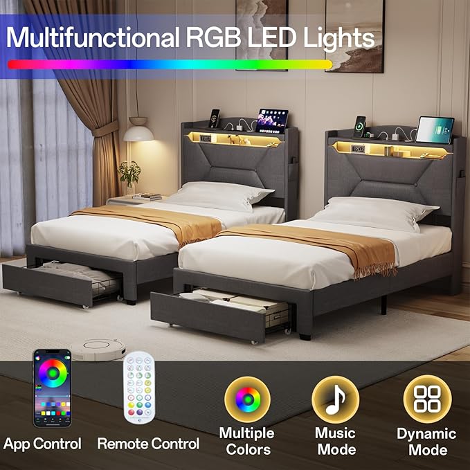 Twin Bed Frame, Twin Bed Frames with Storage Headboard, Upholstered Twin Size Bed Frame with Drawers, Charging Station and LED Lights, Easy Assembly, Grey