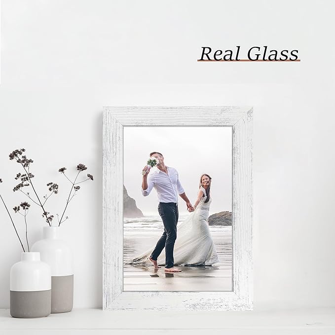 6x9 Picture Frame Set of 4, High Definition Glass Distressed White Frame, 6 x 9 Photo Frames for Horizontal or Vertical Tabletop Display and Wall Mounting