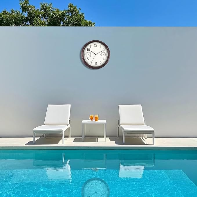 14 inch Outdoor Wall Clock, Plastic Waterproof Outdoor Clock with Temperature & Humidity, Water Resistant Wall Clocks for Patio Garden, Dark Brown