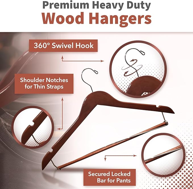 DEILSY™ Suit Hangers for Men with Open Bar 10 Pack Premium Brown Wooden Coat Hangers Pants Durable Suit for Closet Organization - Jacket Hanger Wood Clothes (10)