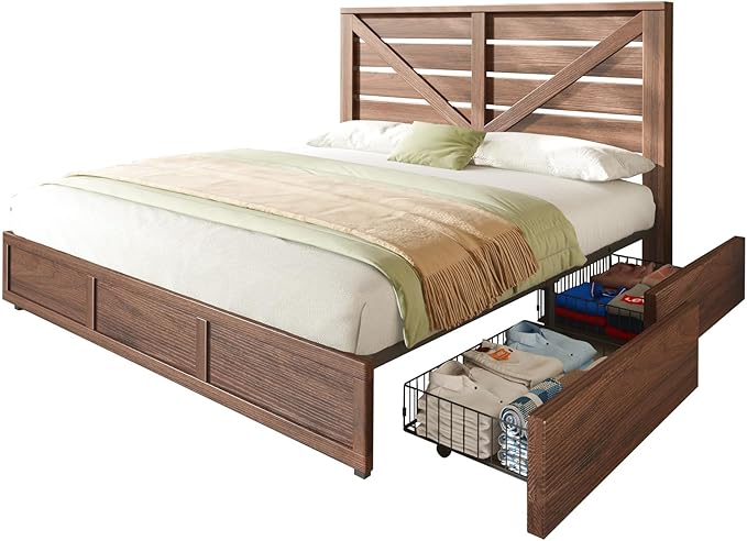 AMERLIFE King Size Farmhouse Bed Frame with 4 Drawers, Wooden Storage Bed Frame with Headboard and Heavy Duty Metal Slats, Noisy Free, Easy Assemble, Rusric Brown
