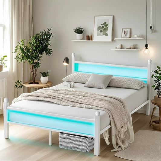Queen Bed Frame with Headboard and Footboard,Steel Slats Support-LED Bed Frame with USB Charging Station,Mattress Foundation-Under Bed Storage,No Box Spring Needed,Noise Free,White