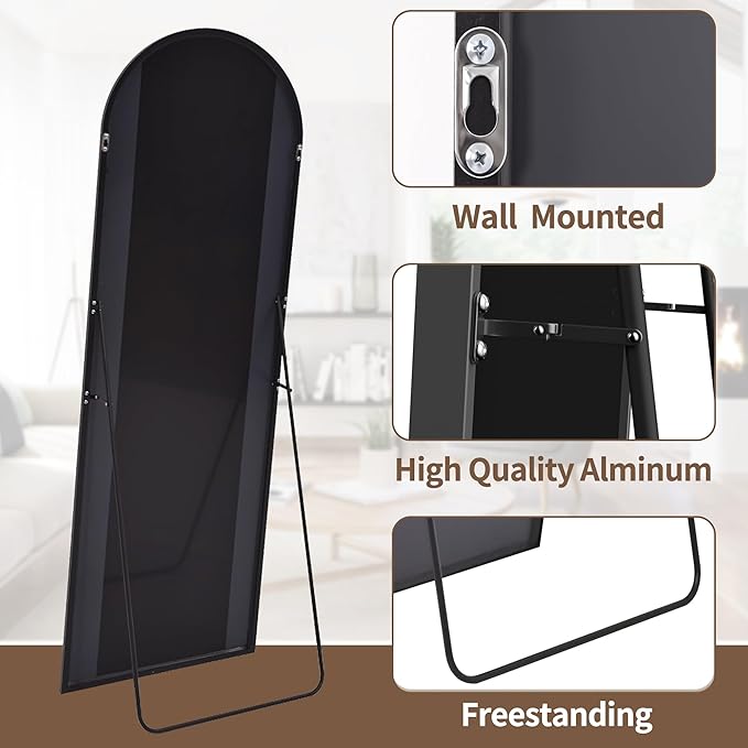 OGCAU Full Length Floor Mirror, Standing Hanging or Leaning Against Wall, Arched-Top Body Mirror for Floor & Wall in Bedroom, Wall-Mounted, Aluminum Alloy Frame (Blcak)