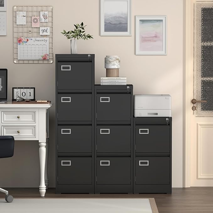 2 Drawer File Cabinet with Lock, Black Metal File Cabinets for Home Office, Under Desk Small Filing Cabinet, Vertical File Cabinet for A4/F4/Letter/Legal