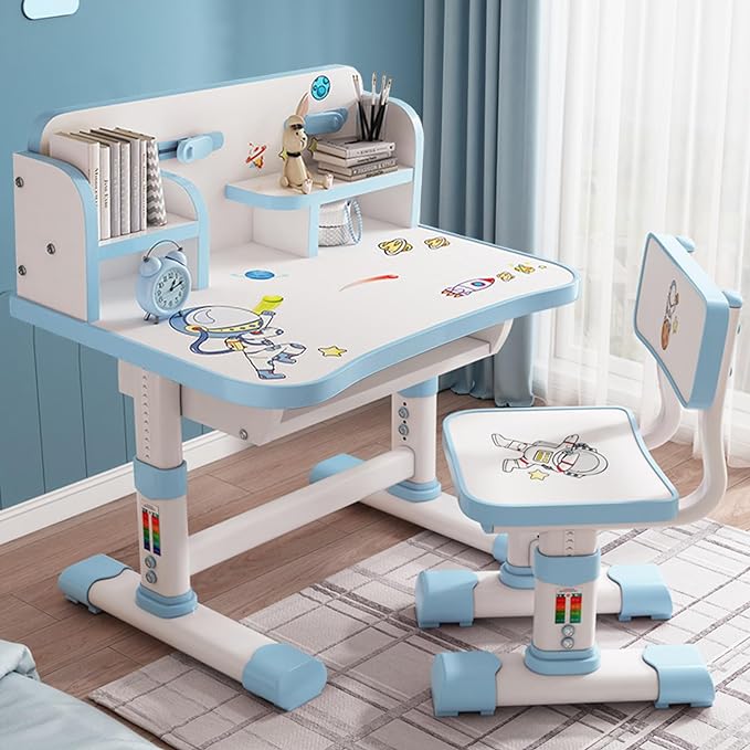Children Learning Desk and Chair Set, Children Study Desk with Chair,Kids Widened Desktop Cartoon Pattern Desk Chair, Suitable for Reading, Learning, Writing, Painting, Etc Blue(Blue-B)