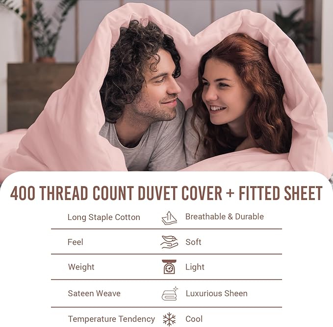 Pizuna 100% Cotton King 3 Pc Duvet Cover + 1 Pc Fitted Sheet Set 400 Thread Count Light Pink Sateen Weave Luxurious Long Staple Cotton 4 Piece Bedding Set-1 Duvet Cover, 2 Pillow Shams, 1 Fitted Sheet