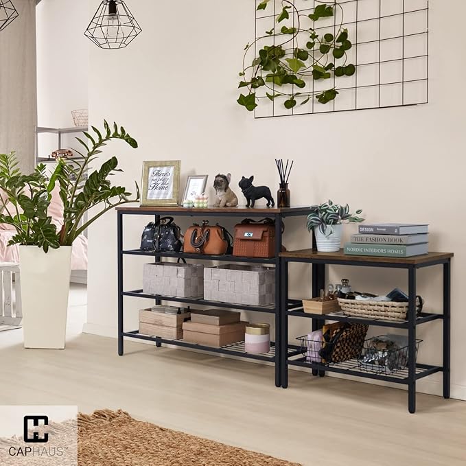 CAPHAUS 3-Tier Shoe Rack for Entryway, Mudroom Shoe Bench, Small Shoe Rack, Metal Shoe Shelf with Wood Board, Industrial Shoe Storage Table for Hallway, Living Room, Bedroom, Closet, Rustic Oak